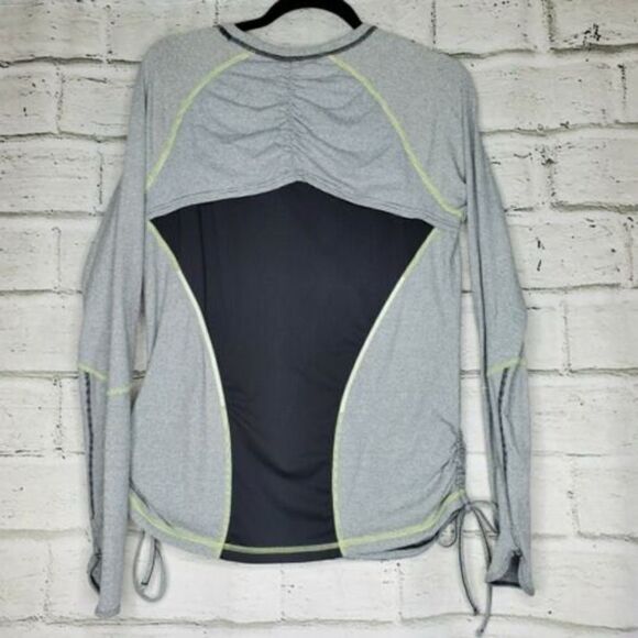 Lucy Tech Striped Ruched Top Womens Large Gray Thumb Hole Pullover Crew Shirt - Picture 8 of 9